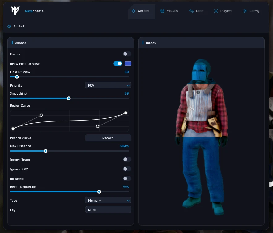NaxoProjects Rust menu showing the aimbot tab with field of view, smoothing and hitbox settings