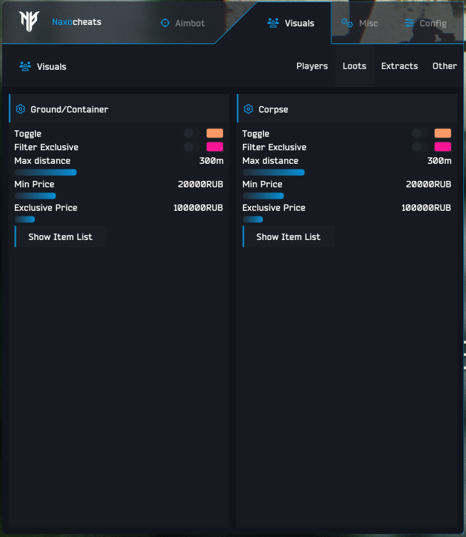 Loot and corpse visuals menu