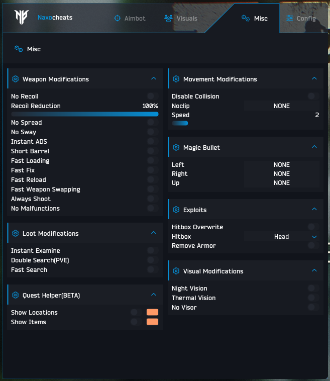 Misc features menu