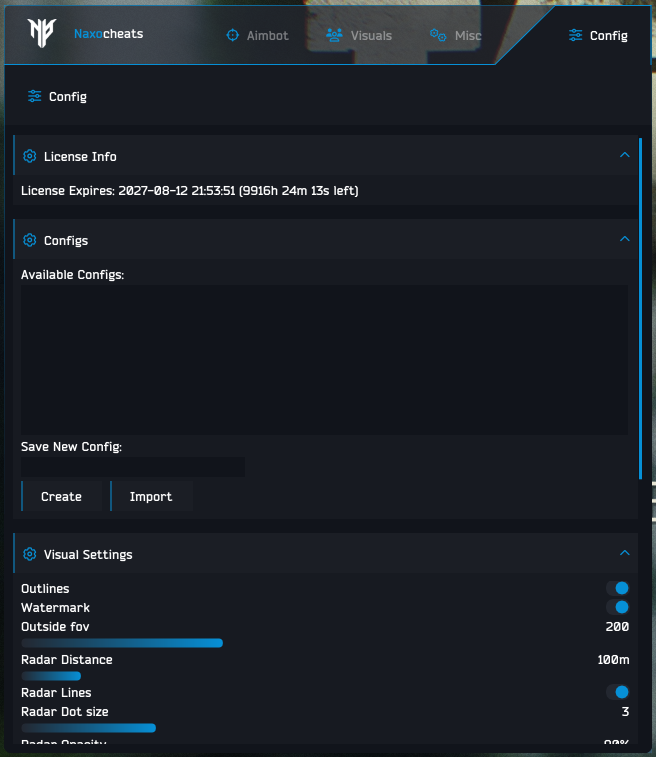 Config and visual settings menu